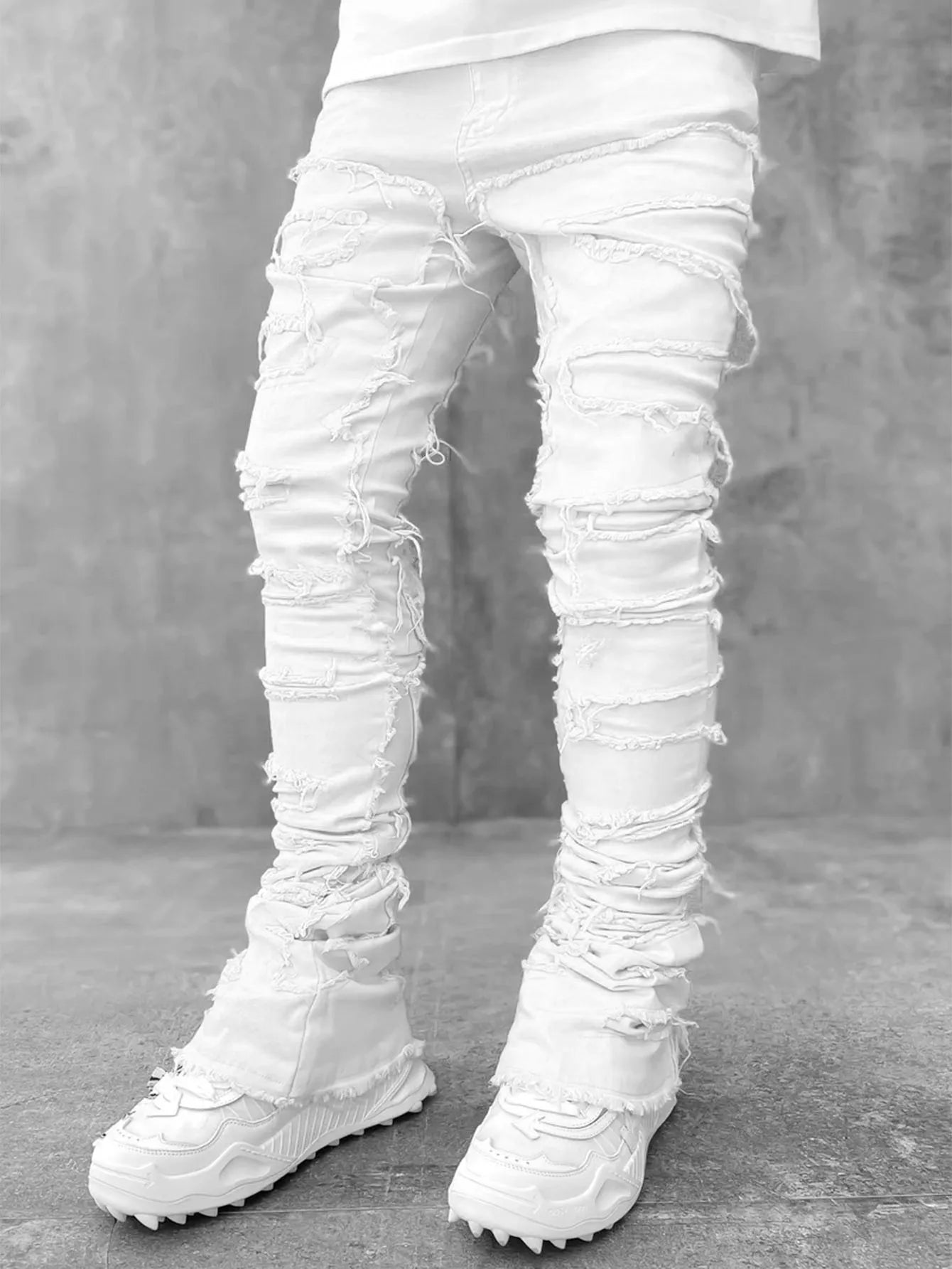 Men's Stacked Jeans Stretched Patchwork Pants Hip-Pop Trousers for Male