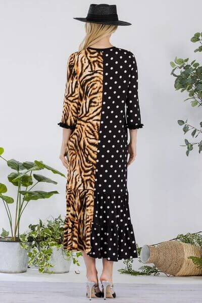 Celeste Full Size Polka Dot & Leopard Round Neck Midi Dress Plus Size