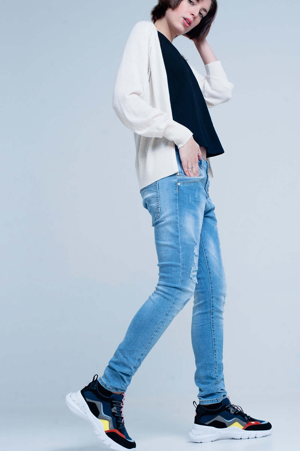 Blue Slashed Boyfriend Jeans