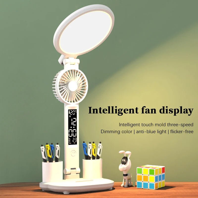 Multifunctional LED Desk Lamp with Clock, Fan, & Wireless Charging – Eye-Care & Customizable