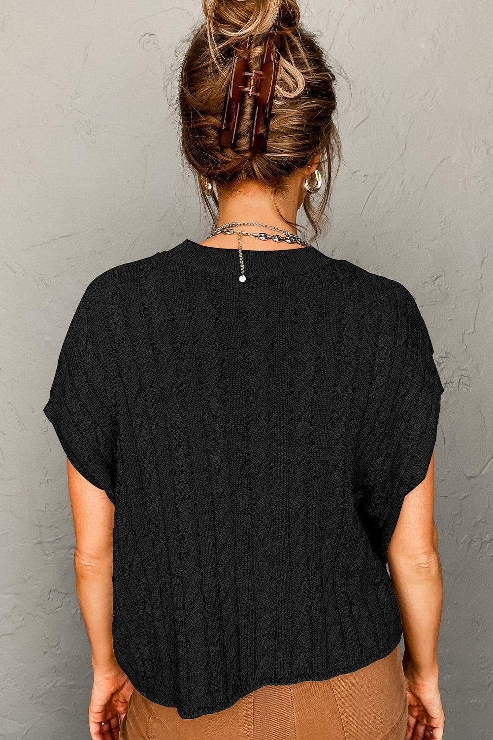 Laura Crew Neck Cable Knit Short Sleeve Sweater