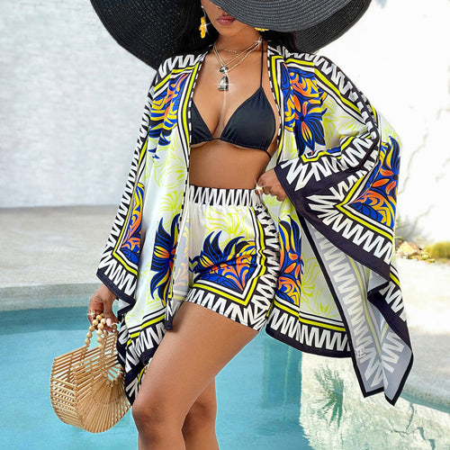 Women's casual printed cardigan shorts two-piece set