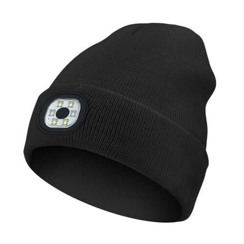 Black knit beanie hat with built-in LED lights for outdoor activities