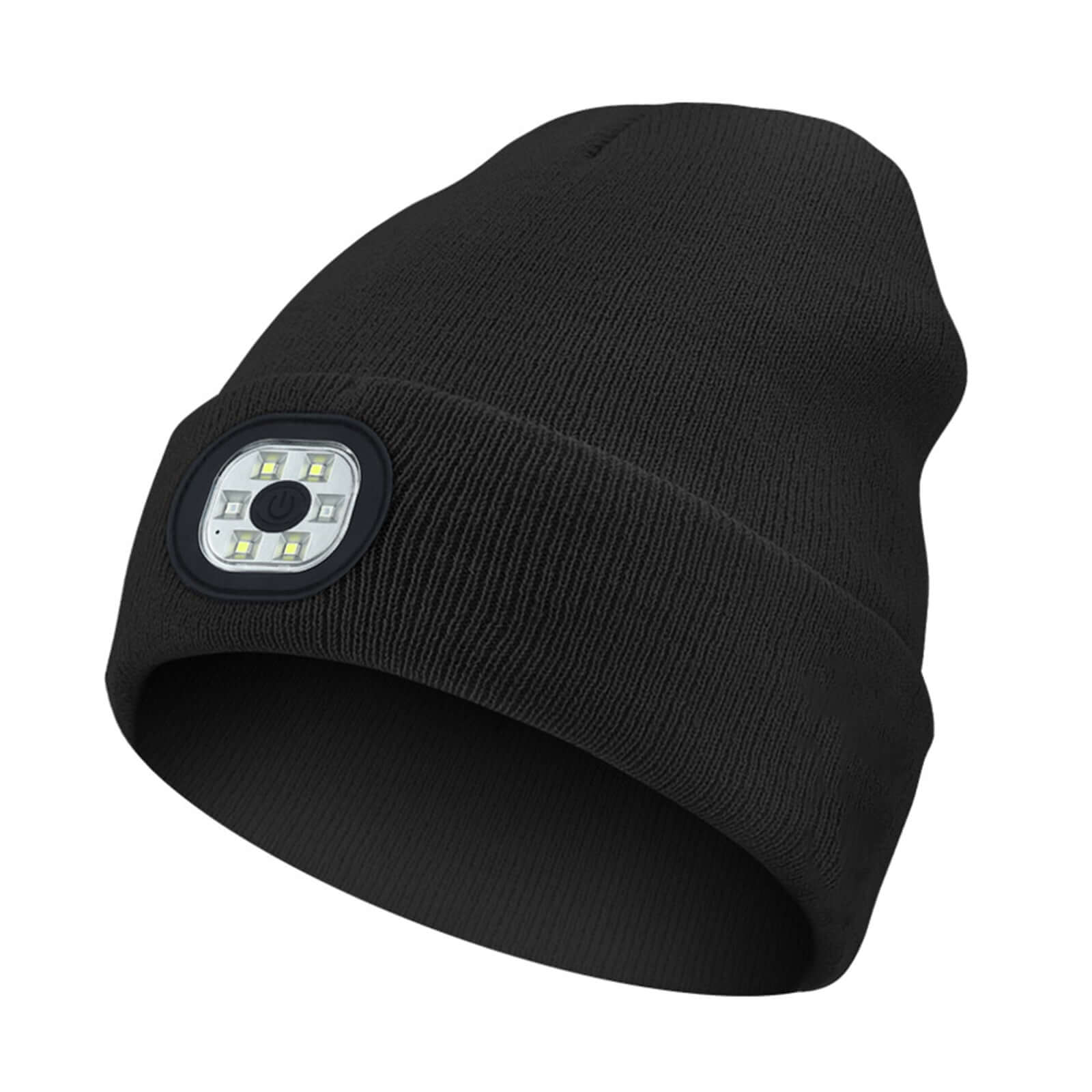 Black knit beanie hat with built-in LED lights for outdoor activities, suitable for men and women