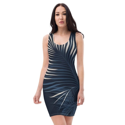 Womens Stretch Fit Bodycon Dress, Blue White Palm Leaves